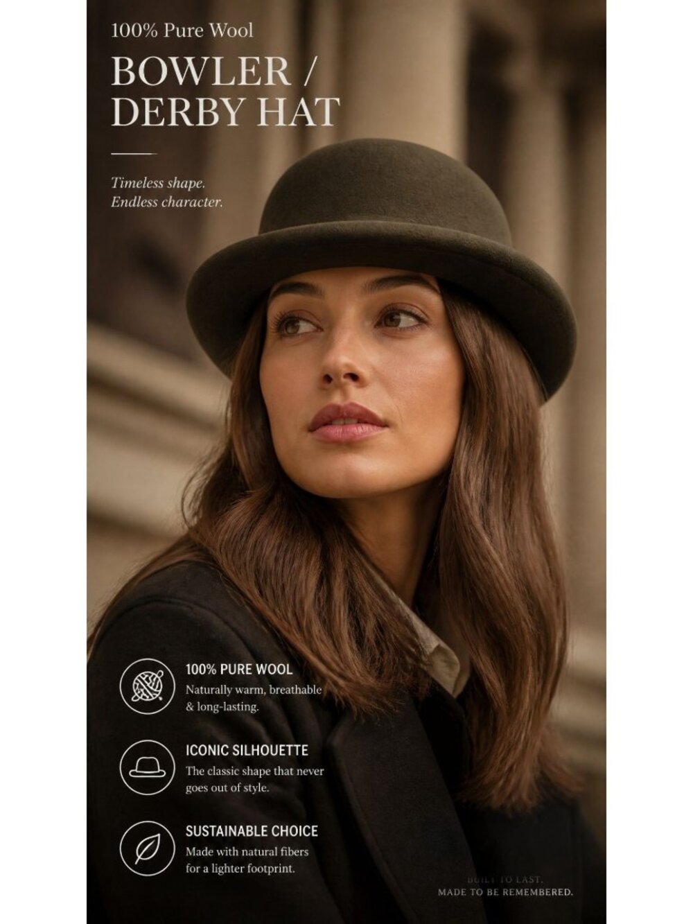 100% Pure Wool Olive Grn Bowler Hat Timeless Design, Steampunk, Modern, Bohemian - Picture 9 of 15